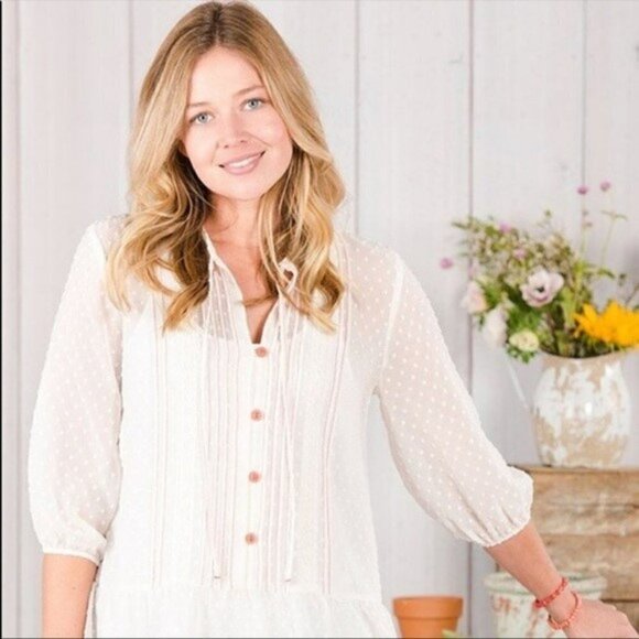 Matilda Jane Light the Way Tunic Blouse Swiss Dot Peplum Babydoll Sheer Top M - Picture 2 of 12